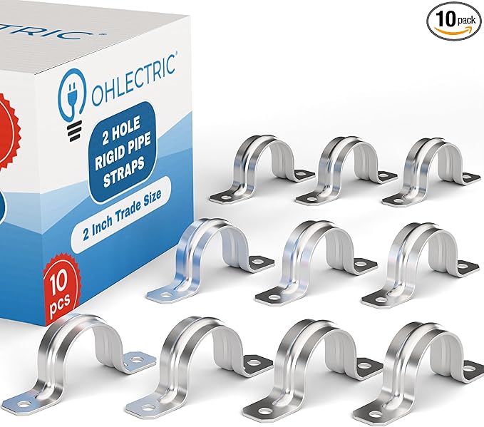 OHLECTRIC Heavy Duty Pipe Strap (10 Pack - 2 Inch) Zinc Plated Conduit Clamps, 2 Hole Steel Rigid Pipe Strap U Bracket, Zinc Coated Tension Tube Clip, Metal Pipe Clamp for Rigid Conduits