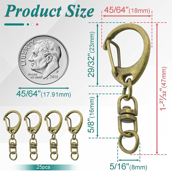 25 Pack Lobster Claw Clasps Keychain Kit, Bronze Keychain Clip - Image 2