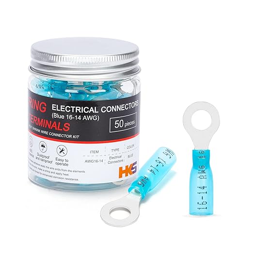 HKS 50 PCS Ring Terminals 1/4" Blue 16-14 AWG - M6 - Electrical Connectors - Heat Shrink Wire Connector Kit - Tinned Red Copper - Automotive Marine Ring Connectors - Waterproof and Insulated