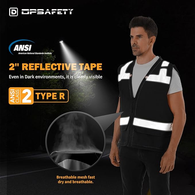 Reflective Safety Vest with Back Pouch, Hi Vis Class 2 Heavy Duty Surveyor Vest with Zipper, ANSI/ISEA Standard, Men's & Women's (Black, 5XL)