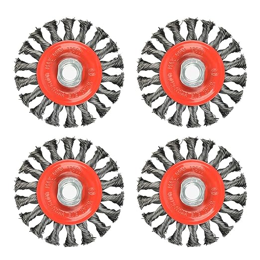 4 Pieces - 4 Inch Twist Knotted Wire Wheel Brush for Grinders and Angle Grinder - 5/8 Inch-11 Threaded Arbor - 0.020 Inch Carbon Steel Wire - Heavy-Duty Conditioning for Metal - 4" x 5/8-Inch | 11 UNC