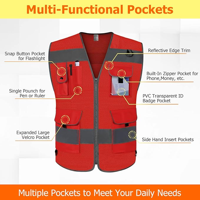 TCCFCCT Mesh Reflective Vest 9 Pockets High Visibility Safety Vest for Men Women, Hi Vis Construction Vest with Reflective Strips, Meets ANSI/ISEA Standards, (Red, Small)