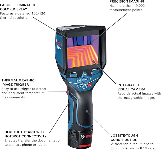 BOSCH GTC400C 12V Max Connected Thermal Camera, Includes 2 Ah 12V Max Lithium-Ion Battery & Charger, USB Cable, & Soft Pouch