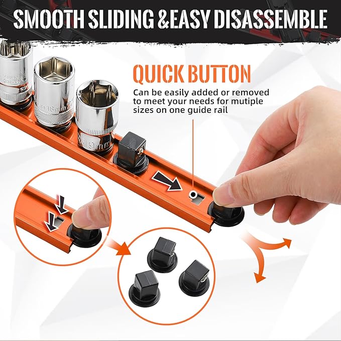 Magnetic Socket Organizer, 3-Piece Heavty Duty Aluminum Socket Holder, Socket Rail for Tool Box, Premium Quality 360° Swivel Socket Rack with 36 Clips for 1/2-Inch(Orange)