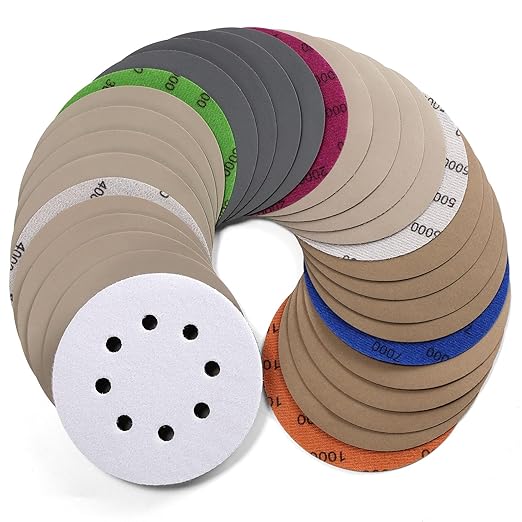 POLIWELL 5 Inch Sanding Discs Hook and Loop 8 Hole Heavy Duty Silicon Carbide Sandpaper 2000 3000 4000 5000 7000 10000 Grit with Interface Pad for Wet/Dry Sanding Grinder Polishing,30 Pack