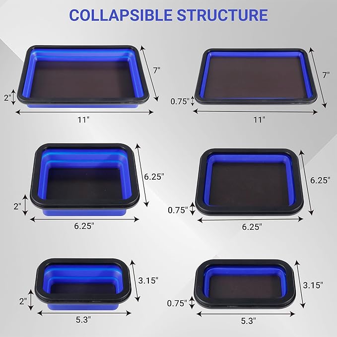 Collapsible Magnetic Parts Tray Set, Magnetic Tray for Mechanic's, 3 Different Size Tool Trays for Small Metal Parts, Cool Mechanic Tools, Cool Gifts for Mechanic (Blue)