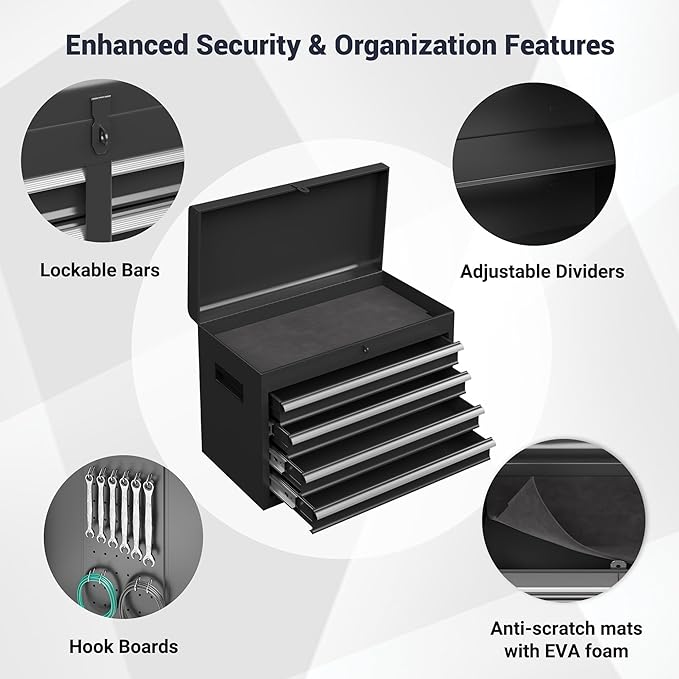 5-Drawer Tool Chest, Rolling Tool Box Organizer with Enhanced Packaging, Lockable Wheels, Detachable Top Tool Box, Metal Tool Storage Cabinet for Garage Workshop, Black