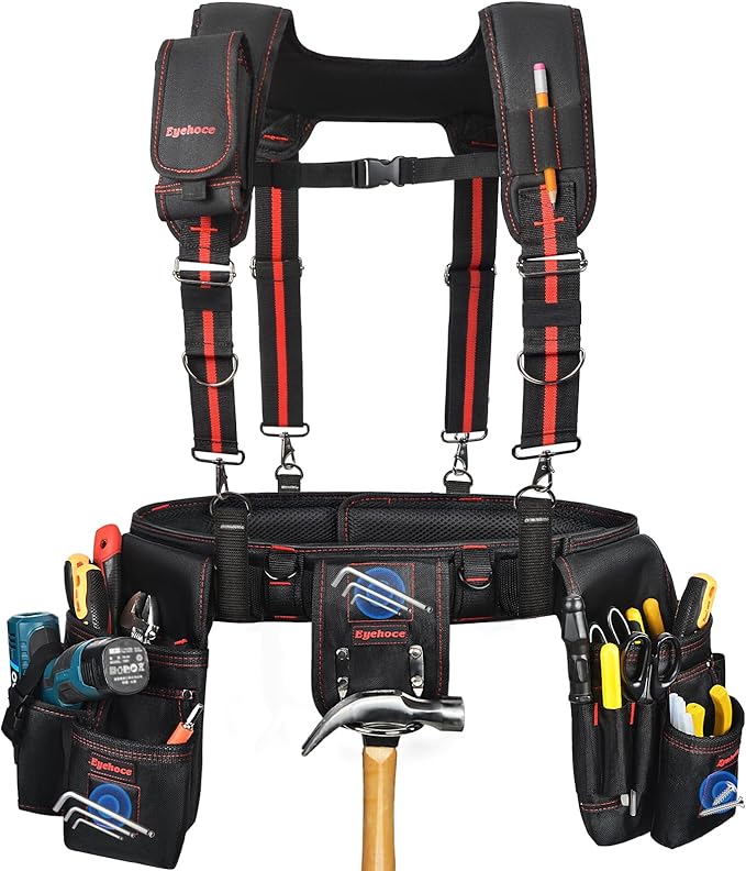 Heavy Duty Tool Belt with Padded Suspenders – Adjustable Construction Tool Rig with Multi-Pouch System – Framing & Electrician Waist Belt for Men（Adjustable one sizeZ)