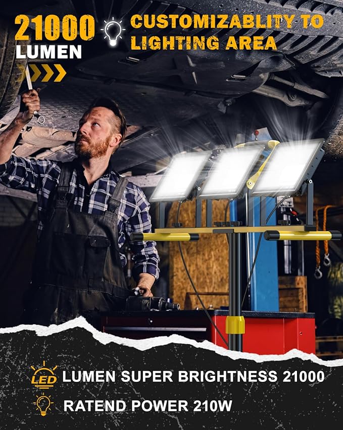21000Lumen LED Work Lights with Stand, 3 Head Portable Work Light with 16FT Cord, IP66 Waterproof Tripod Worklights for Outdoor Indoor Job Site Workshop Garage Construction Site Lighting(3 Head)