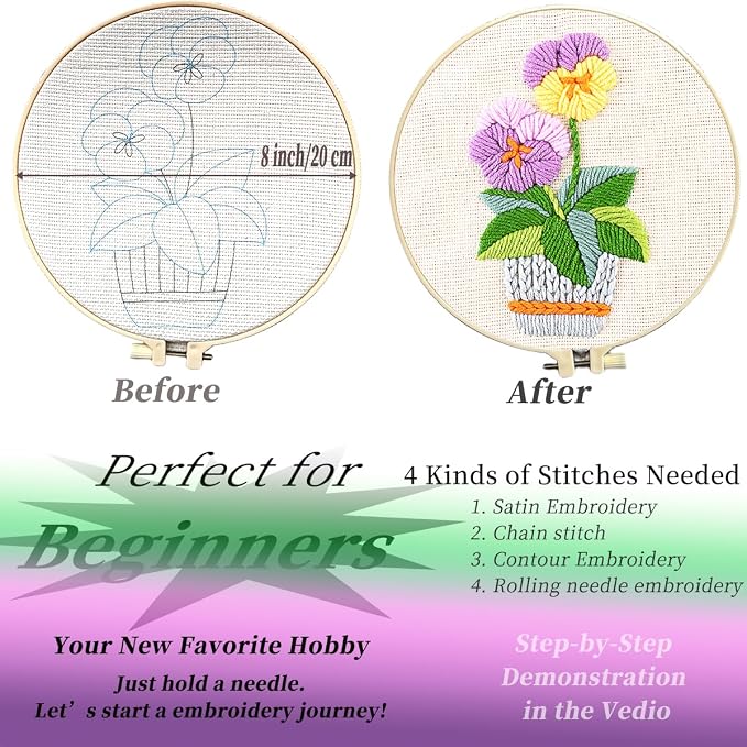 FONNUY Embroidery Kit for Beginners，3D Plants Flowers Pre-Stamped Pattern Kits - Image 4