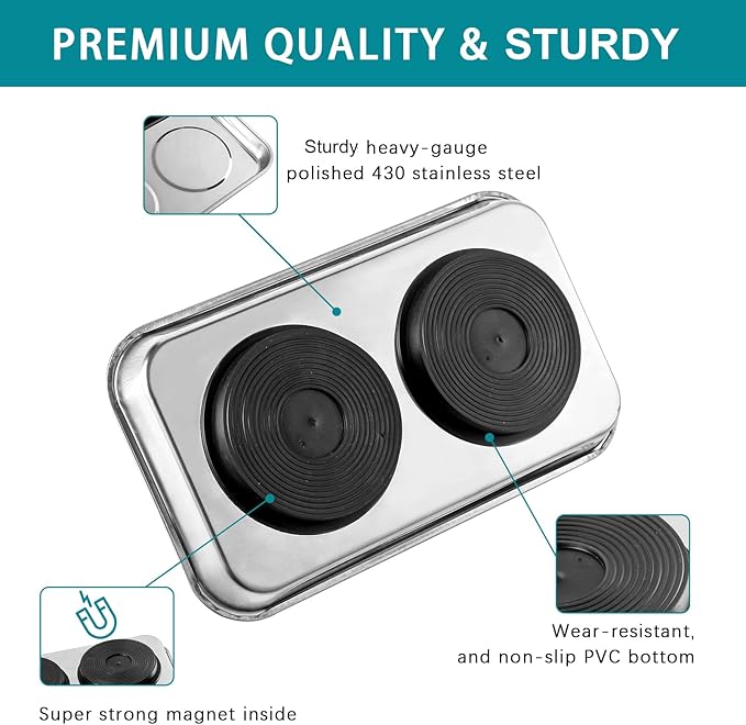 3 Pieces Magnetic Trays with 8LBs Telescoping Magnetic Pick-up Tool Set, 9.5" Rectangle, 2 Pieces 4" Stainless Steel Magnet Parts Tray for Screws, Sockets, Bolts, Mechanic's