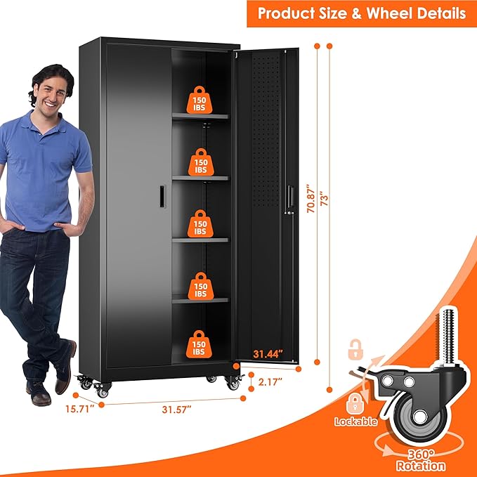 73''H Metal Garage Storage Cabinet with Pegboard, Rolling Tool Cabinets on Wheels,Steel Locker for Garage Office School Home Warehouse Utility Room, Assembly Require,Black