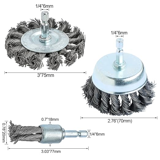 3PCS 3 Inch Knotted Wire Wheel Cup Brush and Twist End Brush Set,1/4" Shank for Drill,Perfect for Rust Removal, Corrosion and Paint