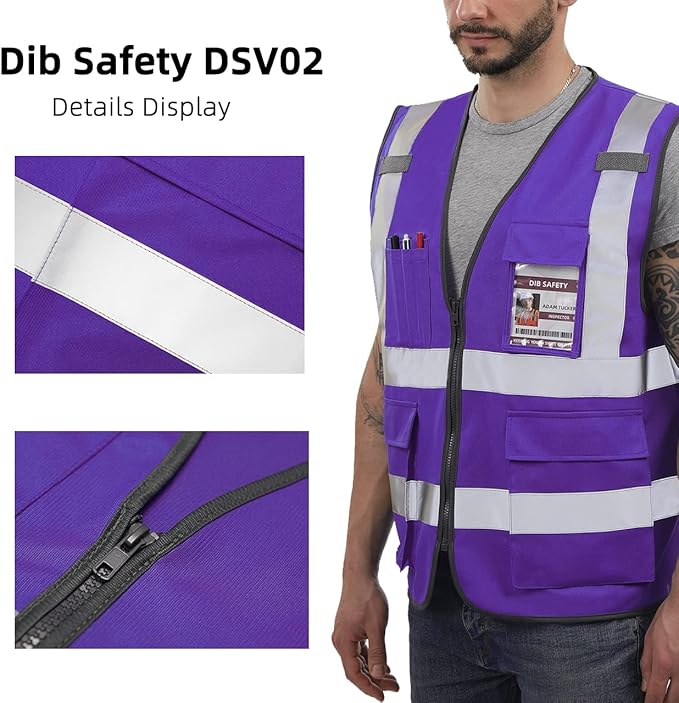 Dib Safety Reflective Vest High Visibility with Pockets and Zipper, Purple 2XL