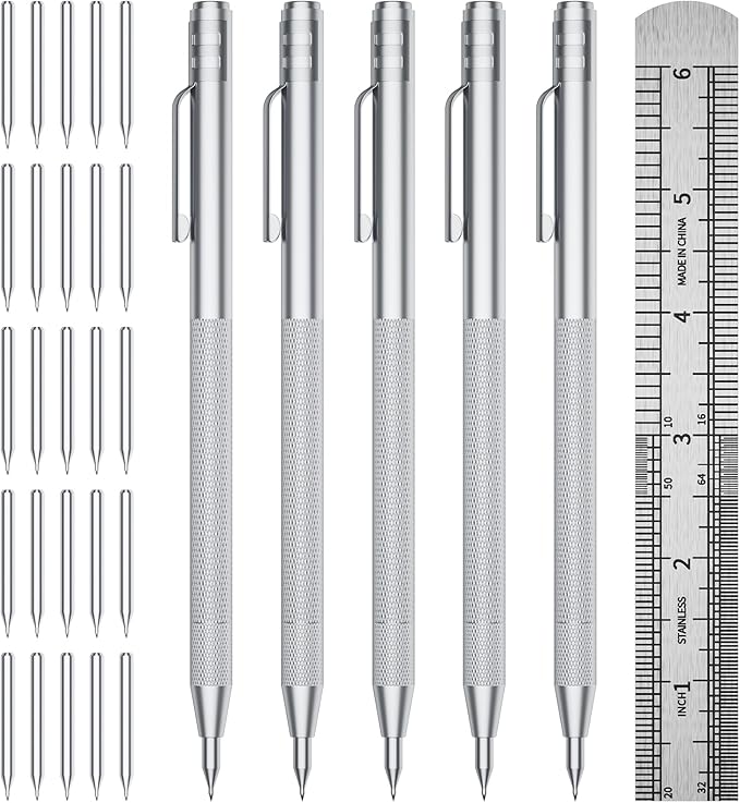 5-Pack Tungsten Carbide Scriber, Metal Scribe Tool with 25 Replacement Marking Tips & Steel Ruler - Knurled Aluminum Handle & Magnet, Engraving Pen for Glass/Ceramics/Metal Sheet (5)