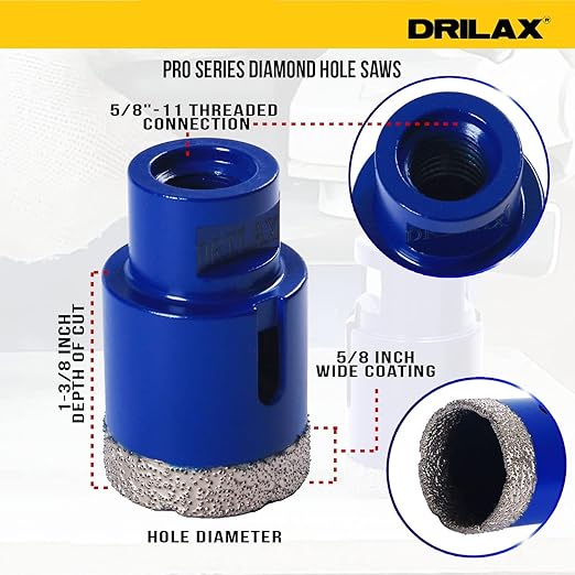 Drilax Pro Series 1-1/2 Inch Diamond Hole Saw for Angle Grinders | 1-3/8" Depth | 5/8"-11 Thread | Ideal for Shower Valves, Handles, Drain Pipes & Dry Drilling | Long Life