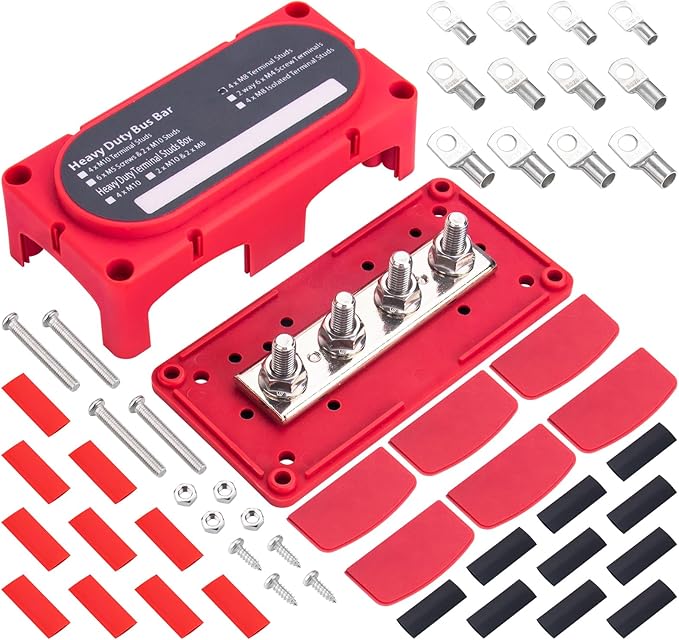 300A Heavy Duty Module Bus BAR, 12V 24V 48V DC Power Distribution Block with 4 x 5/16" (M8) Studs, Gift 12pcs Cable Lugs and 20pcs Heat Shrink Tubing - Marine Bus Bar (RED+)