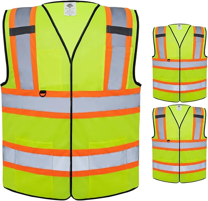 Dazonity Safety Vest with Multi-Pockets,2pcs,Reflective & High Visibility for Work,Construction,Parking,Warehouse,Yellow