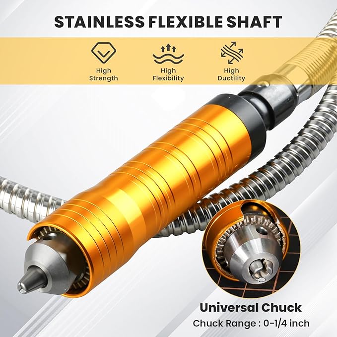 1200W Flex Shaft Grinder, 30000RPM Variable Speed Flex Shaft Rotary Tool Kit, 0-1/4" Universal Chuck Hanging Multi-function tool with 46PCS Accessories for Polishing, Carving, Silver, Wood, Creating
