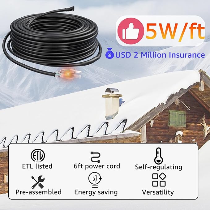 HEATIT JHSF1 Self Regulating Pre-Assembled Heating Cable 24-feet 120V Roof deicing and Pipe freeze Protection