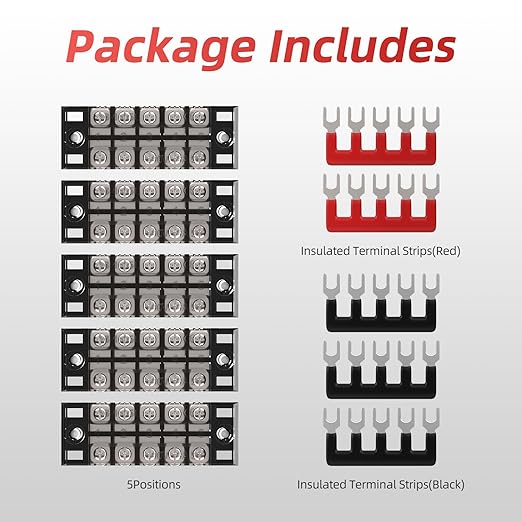 APIELE 15A Screw Terminal Block 5 Position Dual Row Covered 5 Position Pre-Insulated Terminal Barrier Strips (5PCS 15A 5P+5PCS Wiring Strips)
