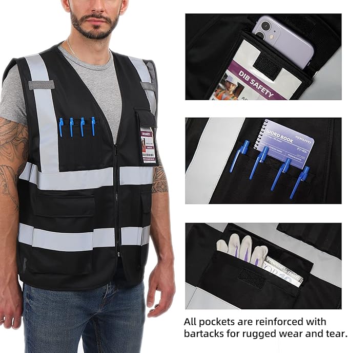 Dib Safety Reflective Vest High Visibility with Pockets and Zipper, Black XL