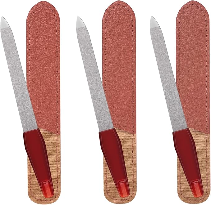 3 Pack Metal Nail File with Sharp Pointed Tip and Leather Sheath Case for Natural Nails, 5 Inches Fingernail Files Stainless Steel Manicure Double Sided Sapphire Grit Nail Filer Silver Brown