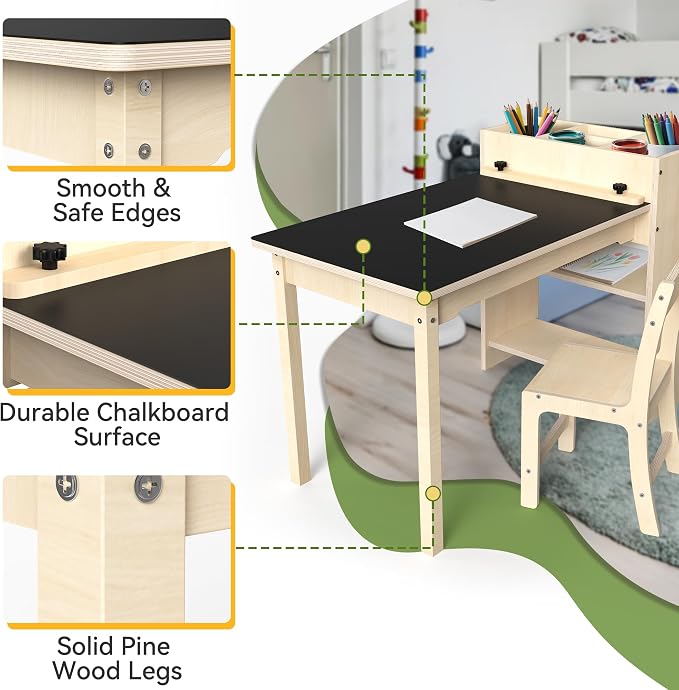 doowroodni Kids Art Table and Chair Set, Sturdy Beech Wood Study Desk - Image 3