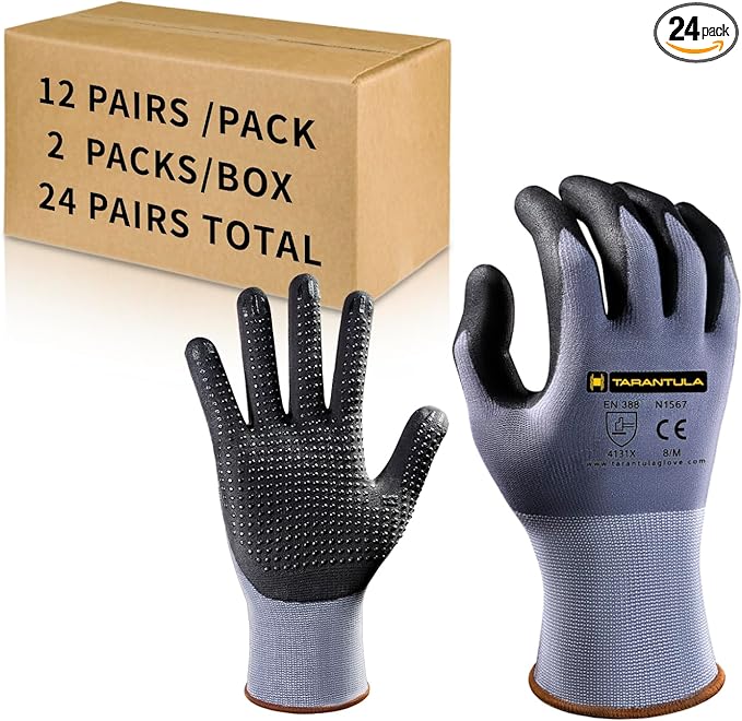 Tarantula Safety Work Gloves MicroFoam Nitrile Coated,Endurance Seamless Knit Nylon,Dots on Palm,Dot Grip Gloves