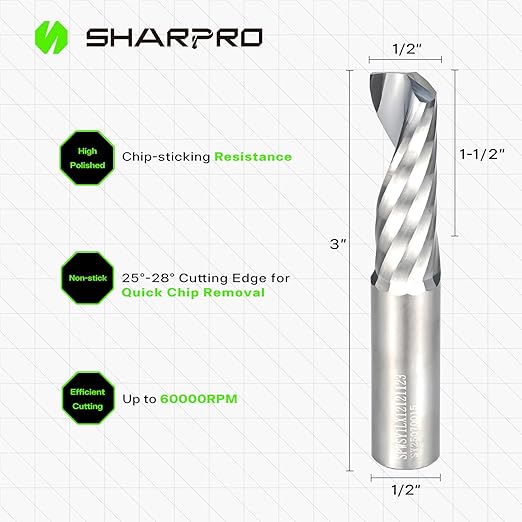 1/2 Inch Shank Single Flute (O Flute) Cutter Carbide Spiral Router 1/2 Inch Cutting Diameter Carbide Single Flute CNC Router Bit, Ideal for Aluminum, Plastic, Acrylic, Wood, MDF and PVC