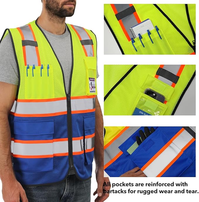Dib Safety Reflective Mesh Vest High Visibility Two Tone with Pockets and Zipper, Yellow and Blue Mesh with Orange Trim 4XL