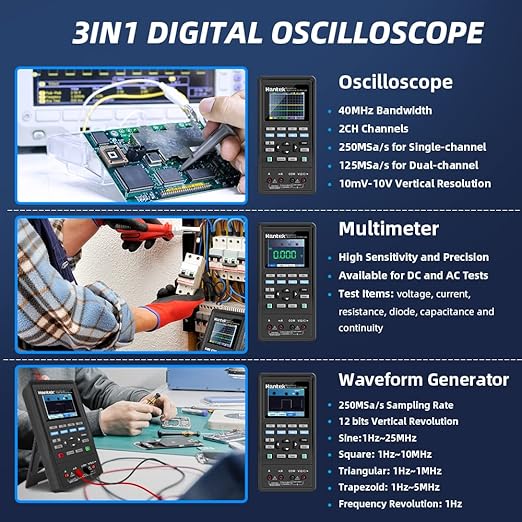Hantek 3in1 Handheld Oscilloscope, 40MHz 2CH Automatic Digital Oscilloscope, Multimeter, Waveform Generator with LCD Color Screen, Chargeable with Replaceable Lithium Battery, 2CH+AFG+DMM 2D42