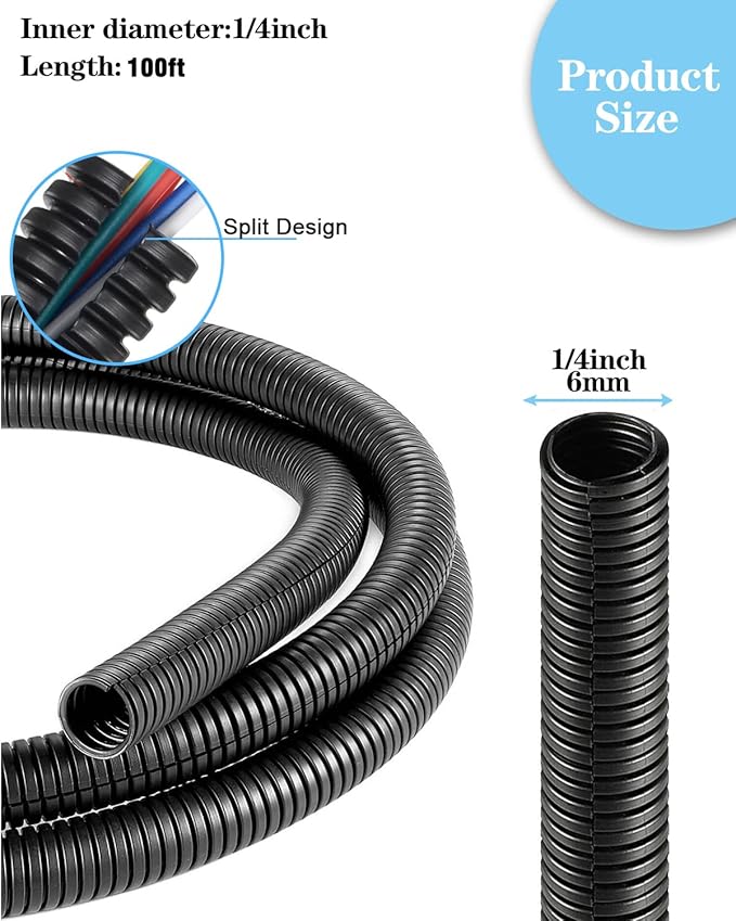 1/4 Inch Wire Loom Split Tubing - 100ft Cord Protector Electric Wires Covers, Automotive Wire Flexible Conduit, Plastic Wire Cover