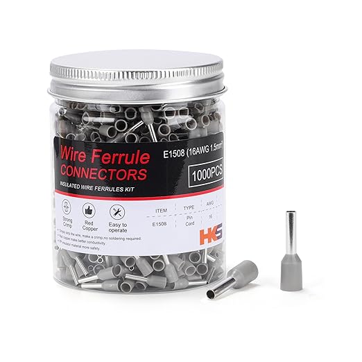 HKS 1000PCS Wire Ferrule Connectors - AWG16-1.5mm² Copper Barrel Pin Cord Ends Insulated Ferrules Terminals - E1508 Grey