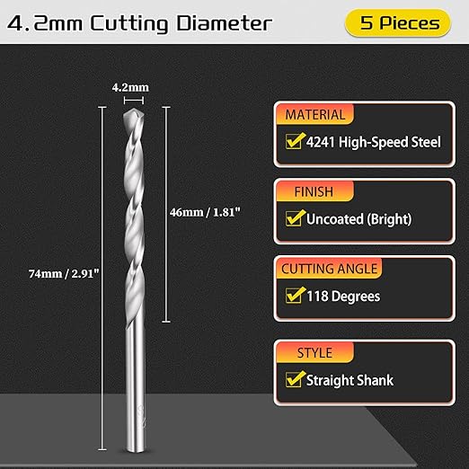 Drill Bit, 4.2mm Cutting Diameter, 4241 HSS 118° Cutting Angle Uncoated Bright Versatile Jobber Bits - (Applications: for Drilling Plastic Wood Soft Metal), 5-Pieces