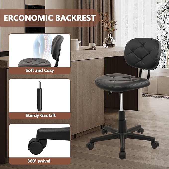 Rolling Stool Chair with Backrest Leather Swivel Salon Spa Stools, Adjustable Height Work Garage Chairs for Home Bar Desk Computer, 4PK