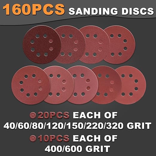 160Pcs 5-Inch 8-Hole Hook & Loop Sanding Discs Assortment: 40 60 80 120 150 220 320 400 600 Grit for Woodworking/Metalworking, Sandpaper for Random Orbital Sander