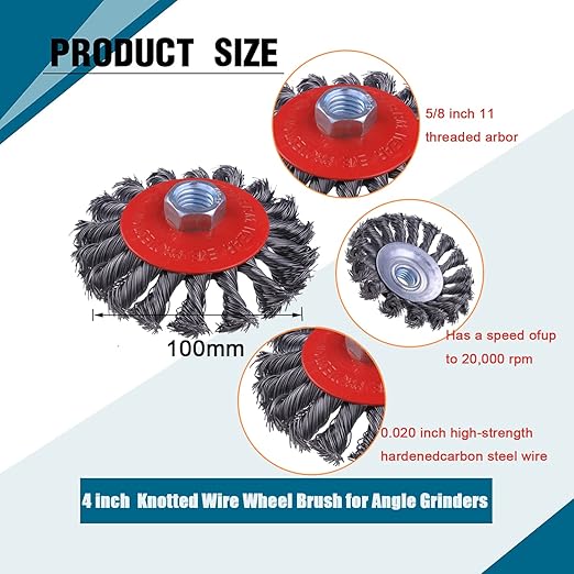 4 Pack 4 Inch Twist Knotted Wire Wheel Brush for Angle Grinder with 5/8 Inch-11 Threaded Arbor, for Heavy-Duty Conditioning for Various Metals