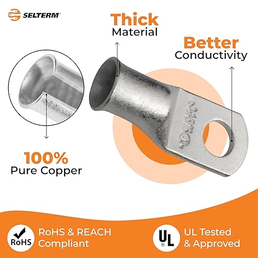 SELTERM 25pcs 1 AWG 5/16" Stud Marine Grade Tinned Copper Battery Cable Lugs, 1 Gauge Ring Terminals, UL Wire Lugs Electrical Cable Ends, Terminal Connectors