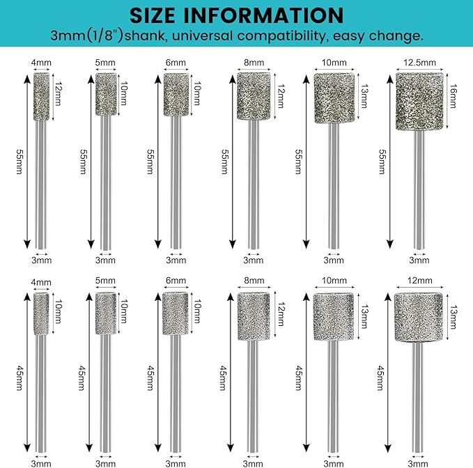 Stone Carving Set Diamond Burr Bits Compatible with Dremel, 46Grit 150Grit 24PCS Polishing Kits Rotary Tools Accessories with 1/8'' Shank for Engraving, Grinding, Stone, Rocks, Jewelry, Ceramics