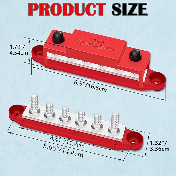 250A 12V Bus Bar Marine, 1/4" Power Distribution Block, Battery Buss Bar, Automotive Busbar Terminal Block for Car and Boat, 6 x 1/4"(M6) Studs (Black+Red)