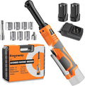 3/8" Extended Electric Ratchet Wrench Set, 45ft-lbs 600 RPM Cordless Long Neck Power Ratchet Wrench Kit with 2pcs Batteries, LED Light, 9 Sockets, Toolbox, Variable Speed, For Housework, Car Repair