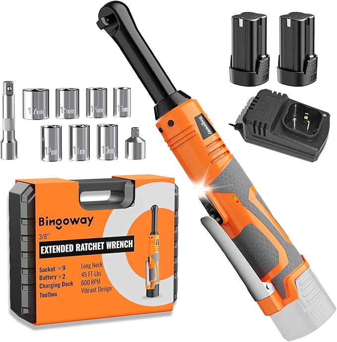 3/8" Extended Electric Ratchet Wrench Set, 45ft-lbs 600 RPM Cordless Long Neck Power Ratchet Wrench Kit with 2pcs Batteries, LED Light, 9 Sockets, Toolbox, Variable Speed, For Housework, Car Repair