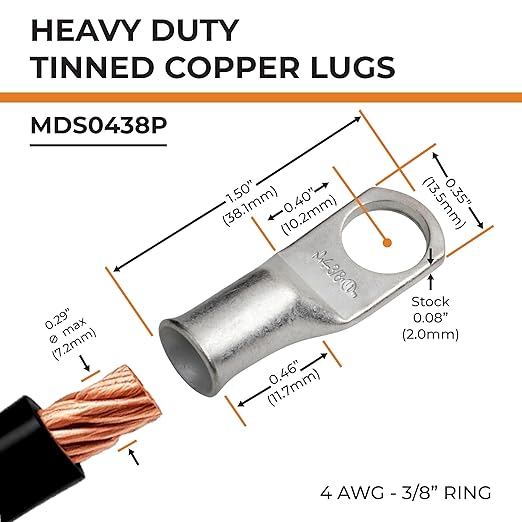 SELTERM 2pcs 4 AWG 3/8" Stud Tinned Copper Wire Lugs, Battery Lugs, Ring Terminals, Battery Cable Ends, 4 Guage Ring Terminal Connectors, UL Marine Grade Electrical Battery Terminal Connectors