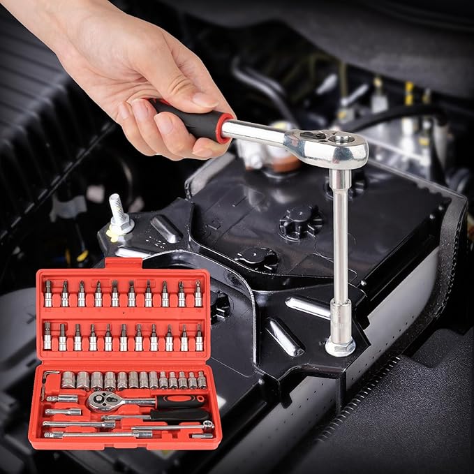46PCS Small Drive Socket Ratchet Wrench Screwdriver Set, 1/4 Inch Metric Socket and Ratchet Wrench Set with Extension Bar, Compact Tool Set for Car