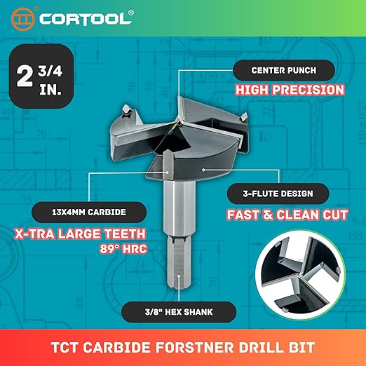 Forstner Drill Bit 2-3/4 Inch, Triple-Flute Carbide Tipped Forstner Bit for Hard Wood, Soft Wood, Veneered Plywood, Plastic, Drilling Hole Saw Woodworking Hinge Cutter Tool