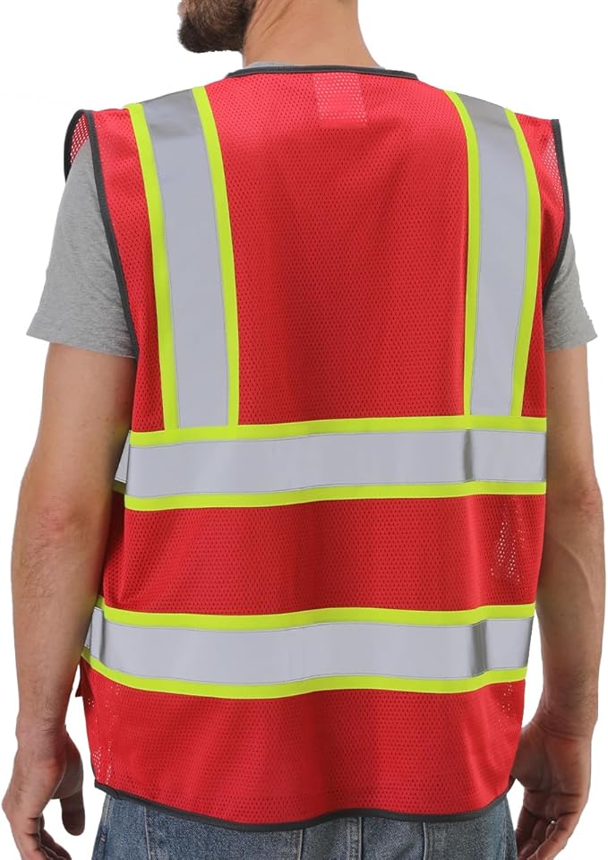 Dib Safety Reflective Mesh Vest High Visibility Two Tone with Pockets and Zipper, Red Mesh with Yellow Trim XL