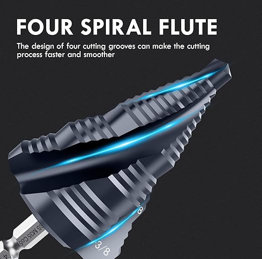 Four Sprial Flute M35 Cobalt Step Drill Bit, 1/4"-1-3/8" Ultra TiAIN Coated Unibit Step Bit, 1/4" Hex Shank Drill Bit for Metal, Stainless Steel, Aluminum, Copper, Wood, PVC