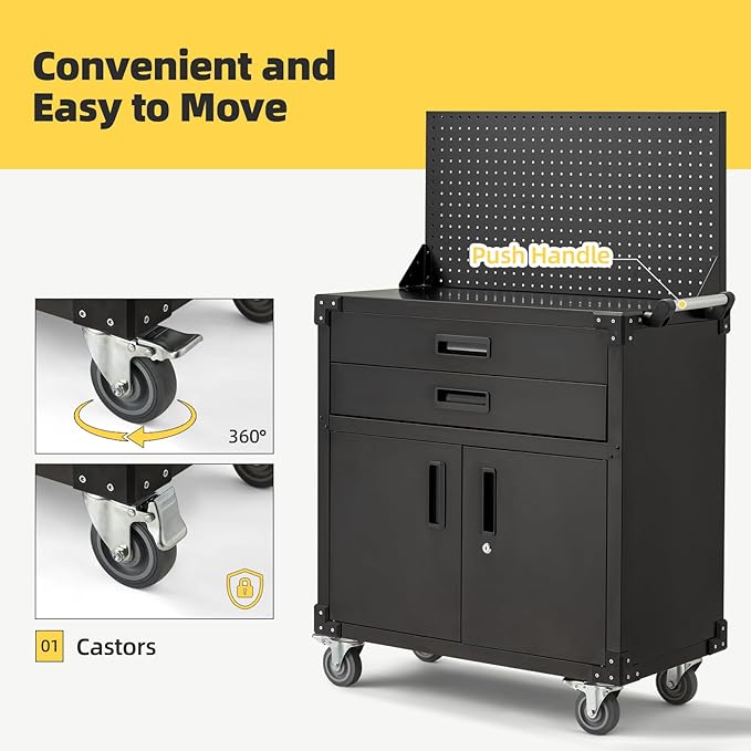 52'' Work Bench for Garage with Pegboard Drawers and Cabinets Heavy Duty Metal Frame Tool Bench for Shop Kitchen Cabinets Organizer Work Table with Wheels