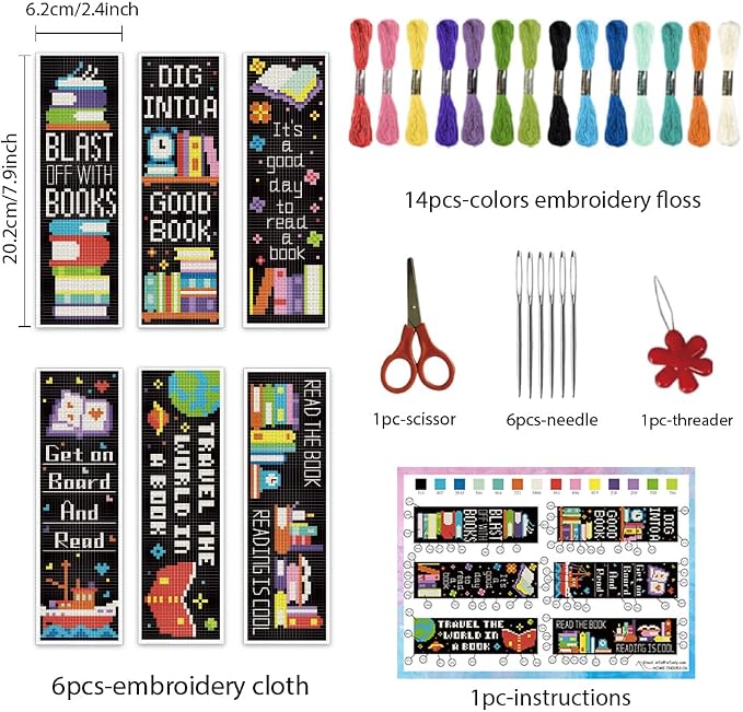 INFUNLY 6PCS Book Theme Cross Stitch Bookmark Kits 8''x2.4'' Study Bookmark - Image 2